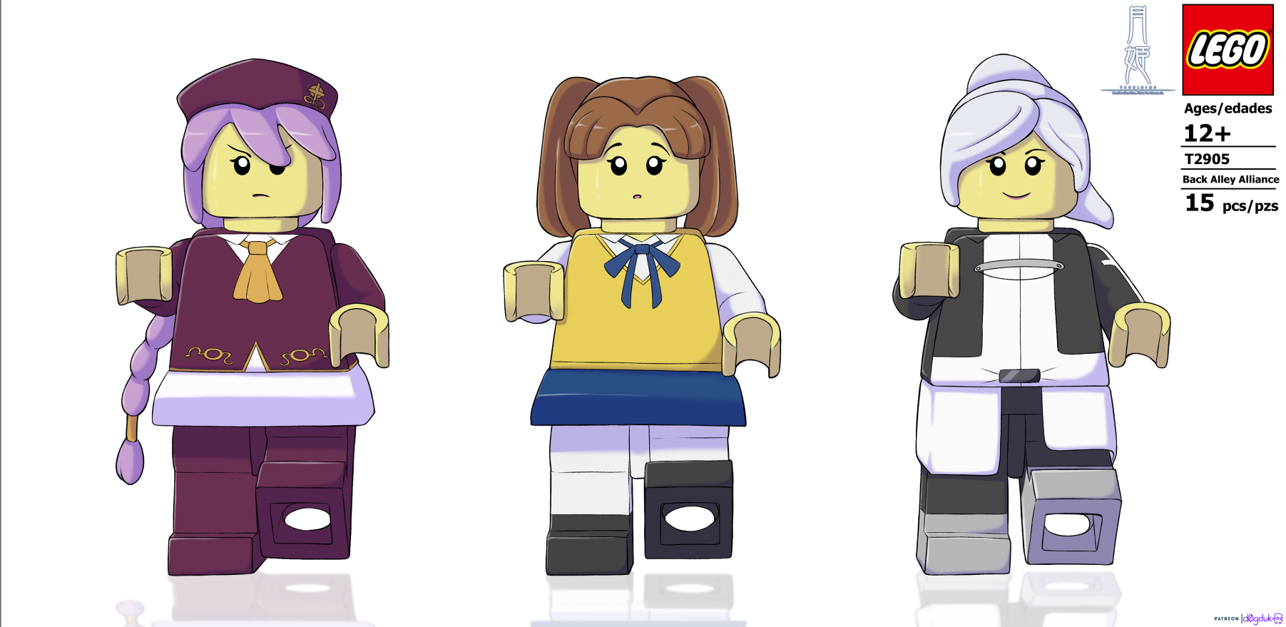 Safebooru 3girls back alley alliance blue bow blue skirt bow brown