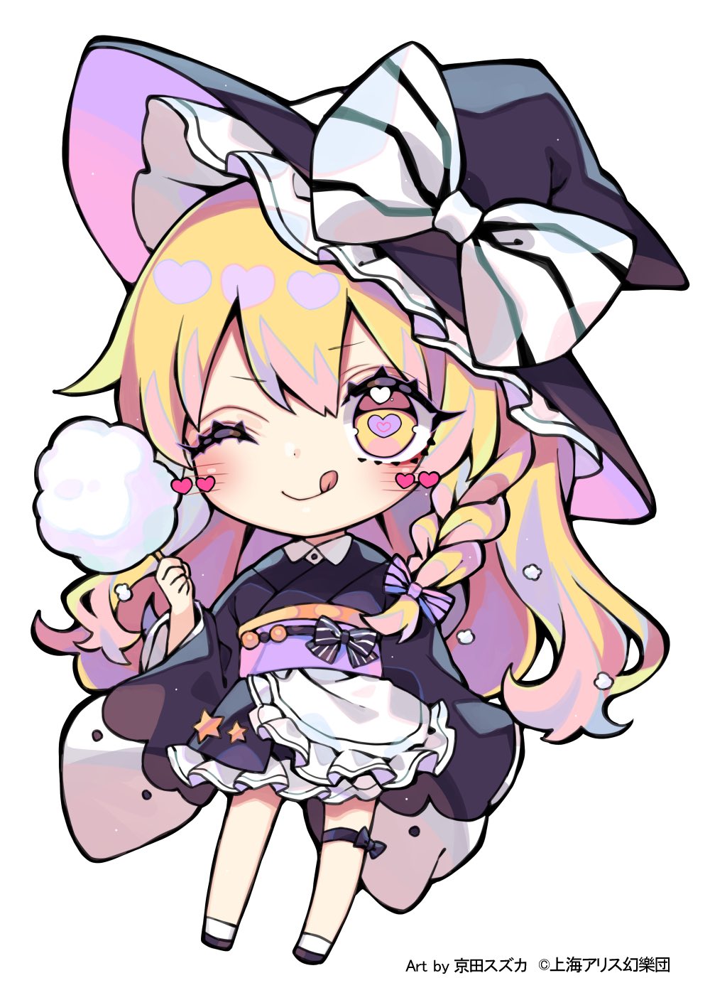 Safebooru - 1girl ;q apron black bow black hat black kimono blonde hair ...