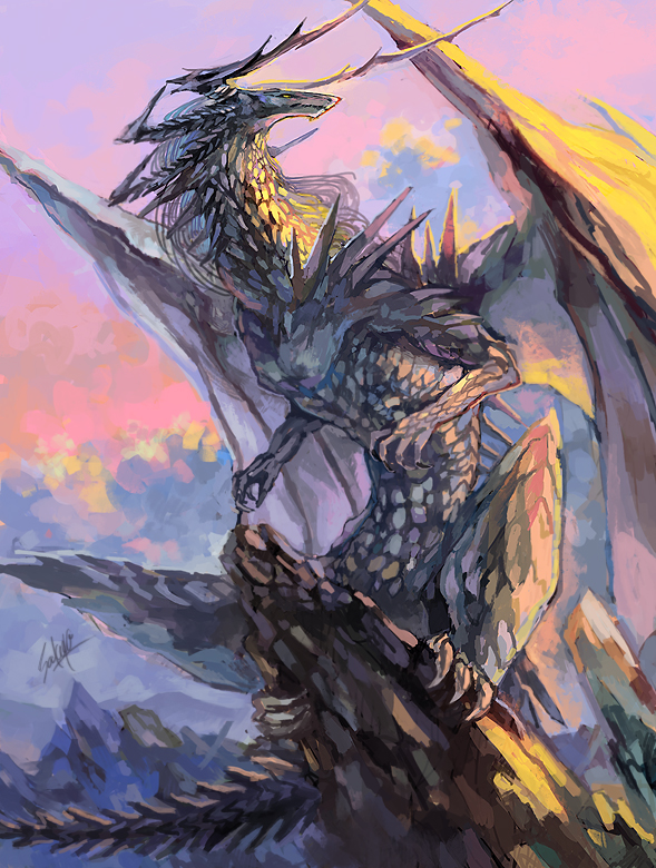 Safebooru - animal focus claws clouds dragon full body horns looking to ...