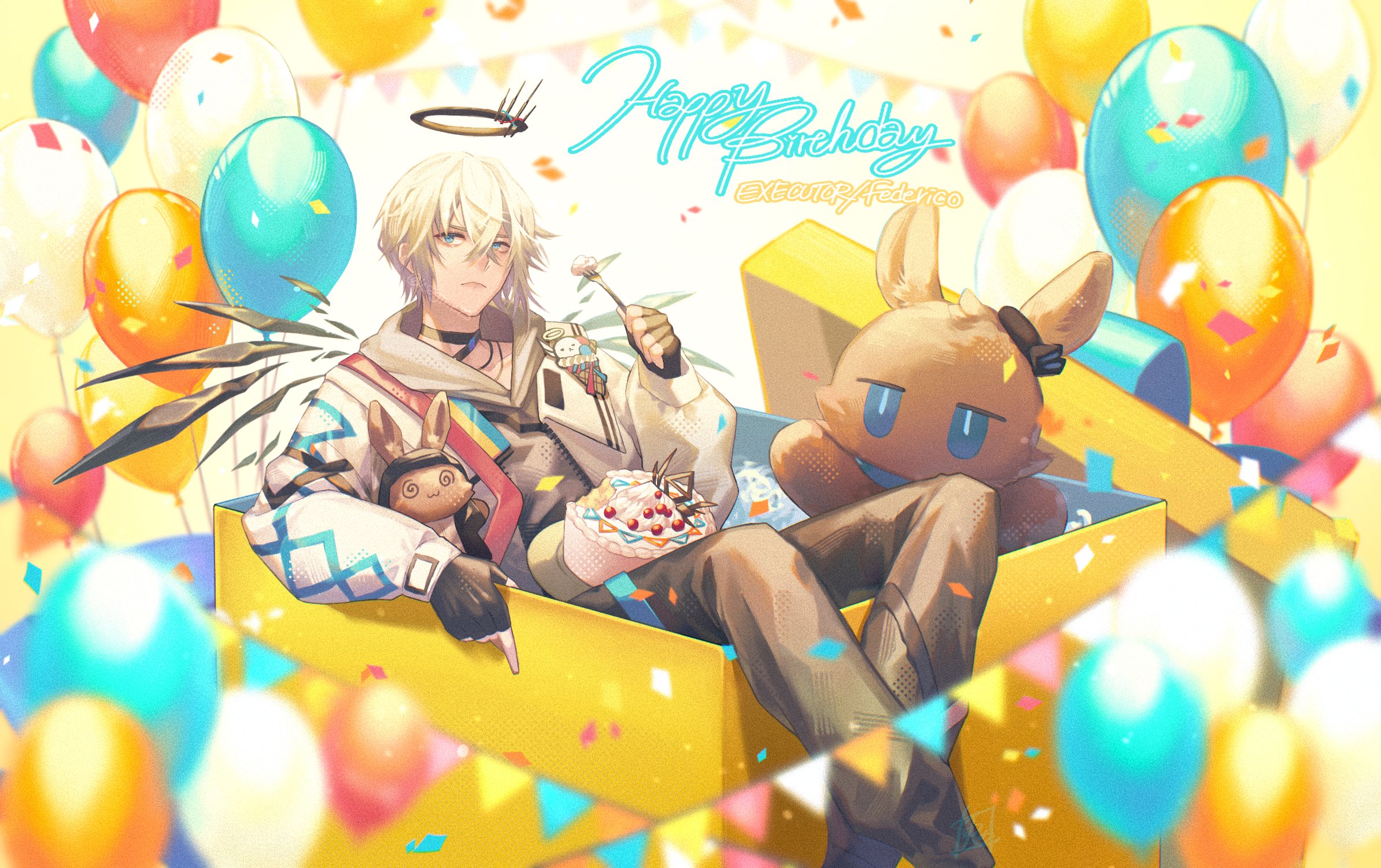 safebooru-1boy-arknights-balloon-black-gloves-black-pants-black-shirt