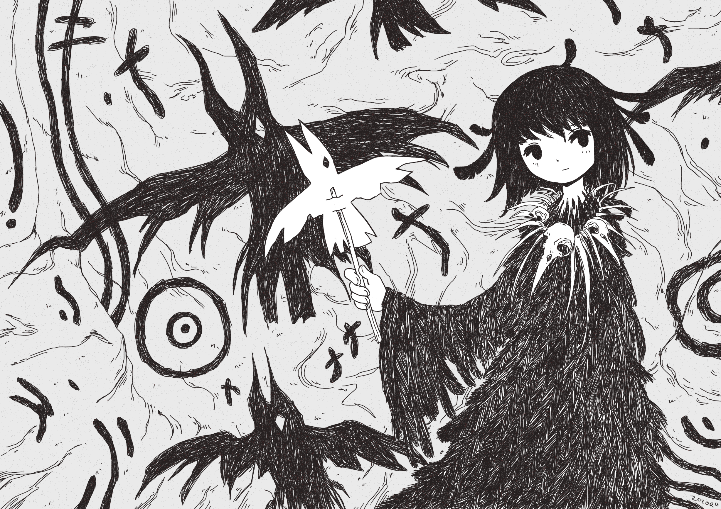 Safebooru - 1girl bird closed mouth crow dot nose dress expressionless ...