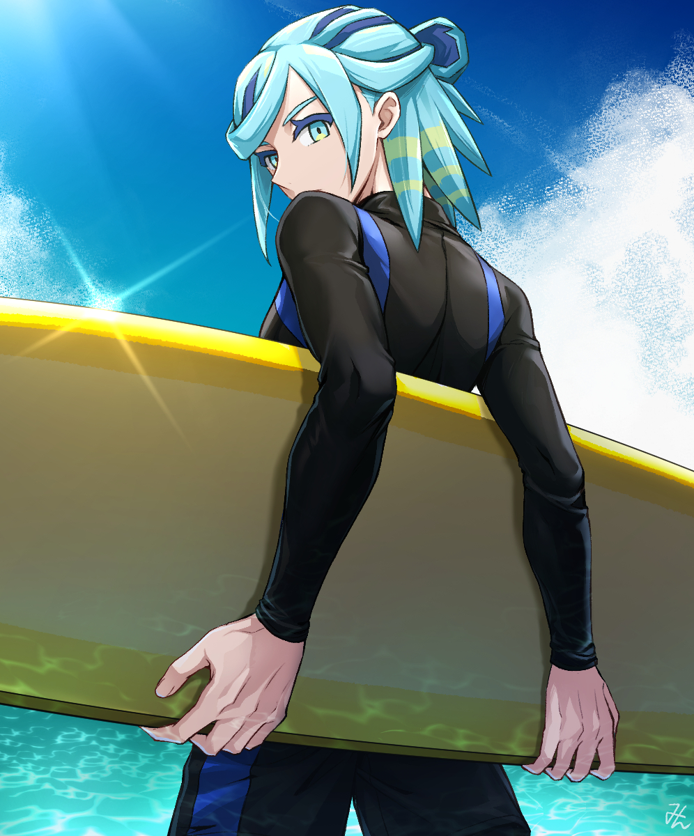 Safebooru 1boy Alternate Costume Aqua Eyes Aqua Hair Black Pants Black Shirt Clouds Colored 7443