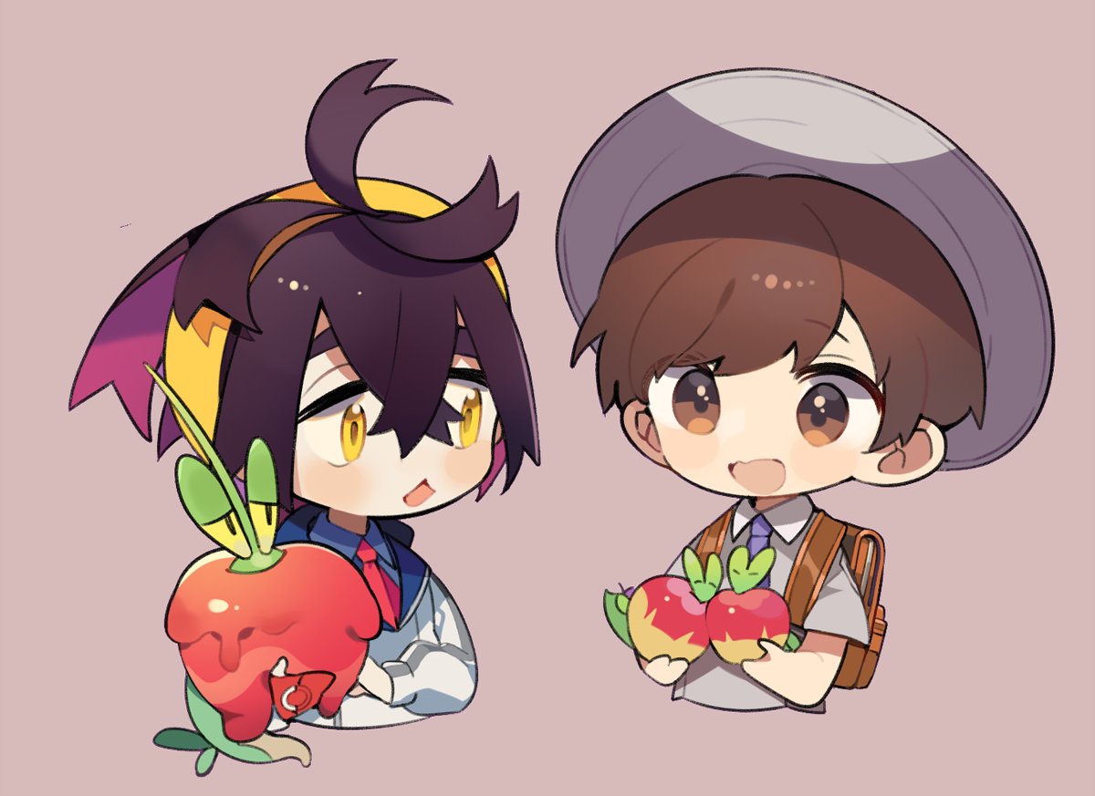Safebooru - 2boys applin backpack bag black hair blush brown eyes brown ...