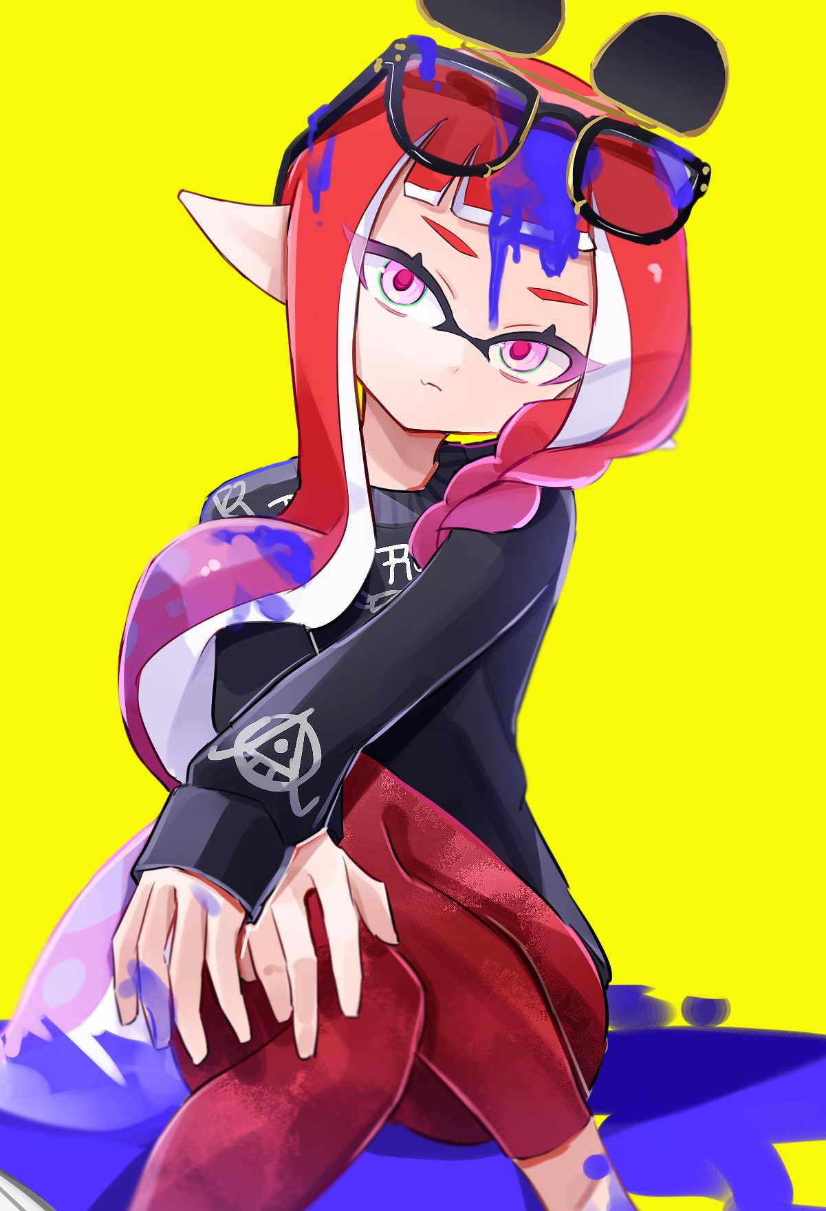 Pink Inkling Sitting Safebooru - 1girl black-framed eyewear black sweater closed mouth ...