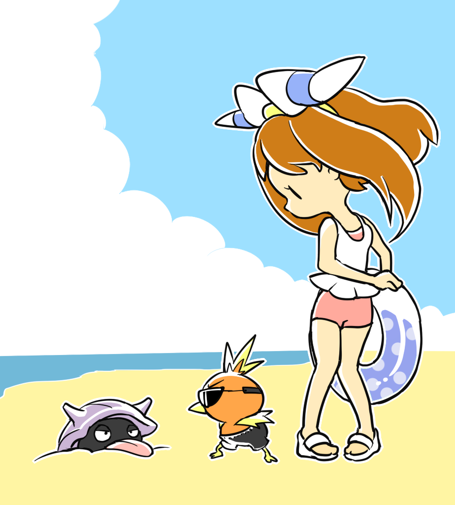 Safebooru 1girl Beach Black Eyes Blue Sky Brown Hair Clouds Full Body Holding Holding Swim 1084