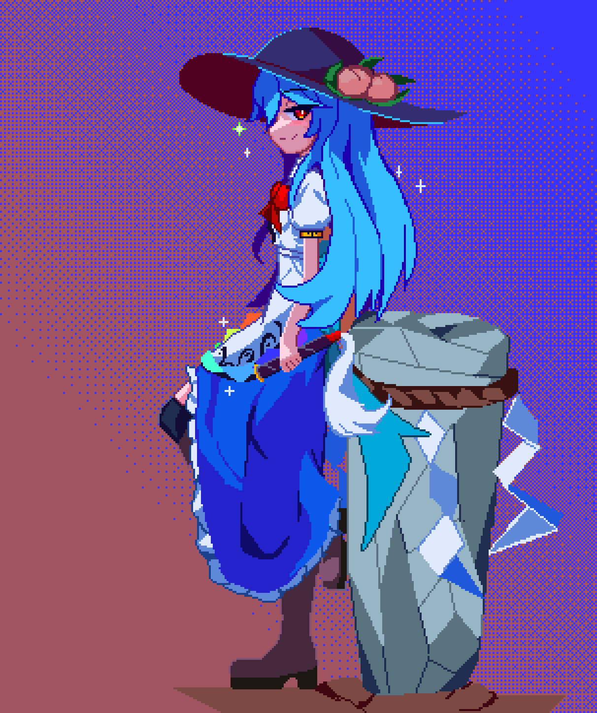 Safebooru 1girl Black Hat Blue Hair Blue Skirt Bow Bowtie Brodall Pixel Closed Mouth From Side 