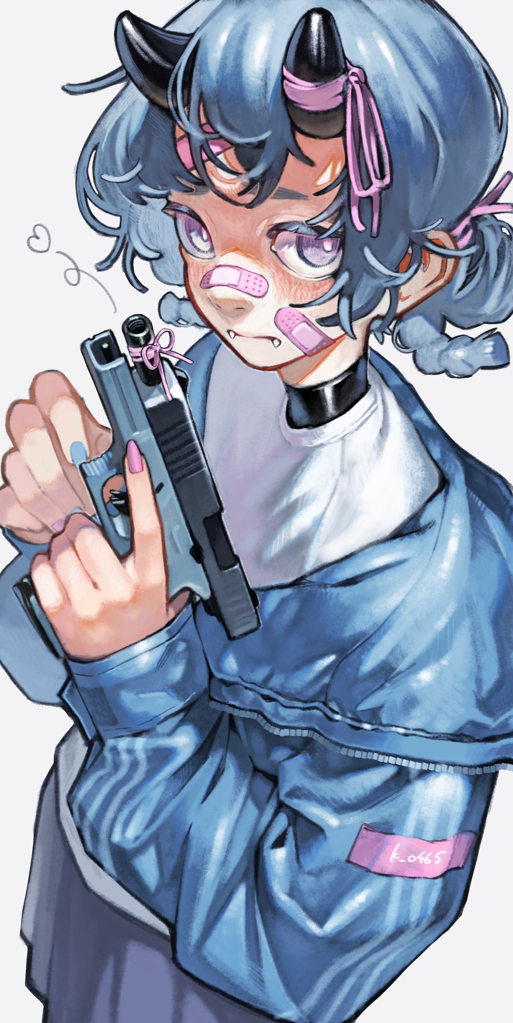 Safebooru 1girl Bandaid Blue Hair Blue Jacket Braid Gun Highres