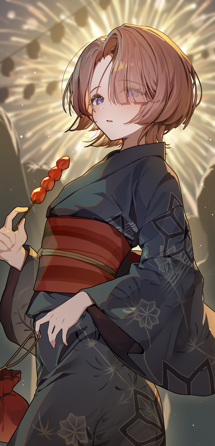 Printable Neingan Safebooru - 1girl aerial fireworks arimura mao black kimono blue eyes ...