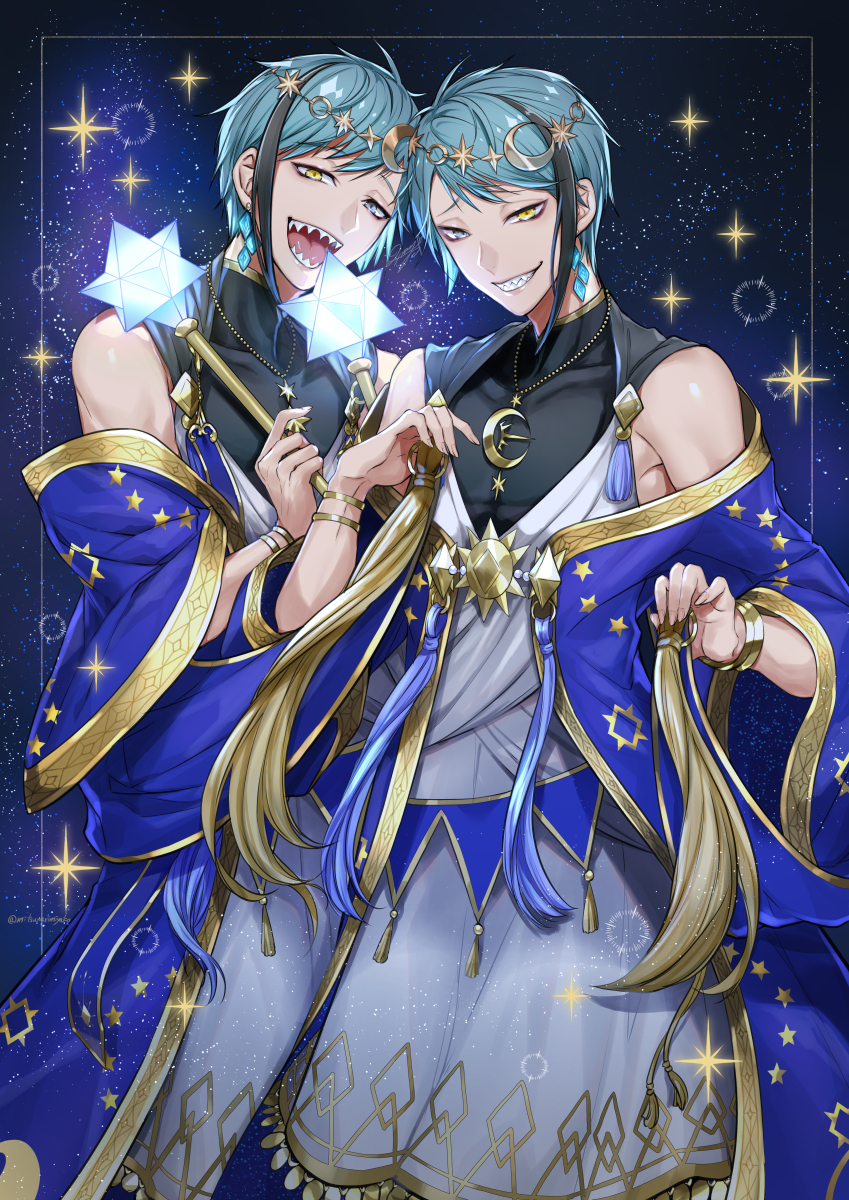 Safebooru 2boys Blue Eyes Blue Hair Brothers Cowboy Shot Floyd Leech Grin Heterochromia 1246