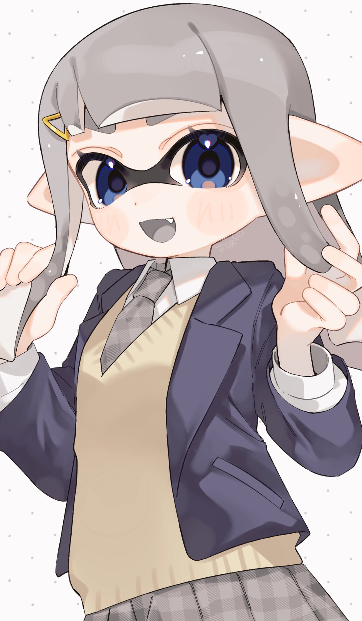 Safebooru - 1girl :d blue eyes collared shirt fang grey hair grey ...