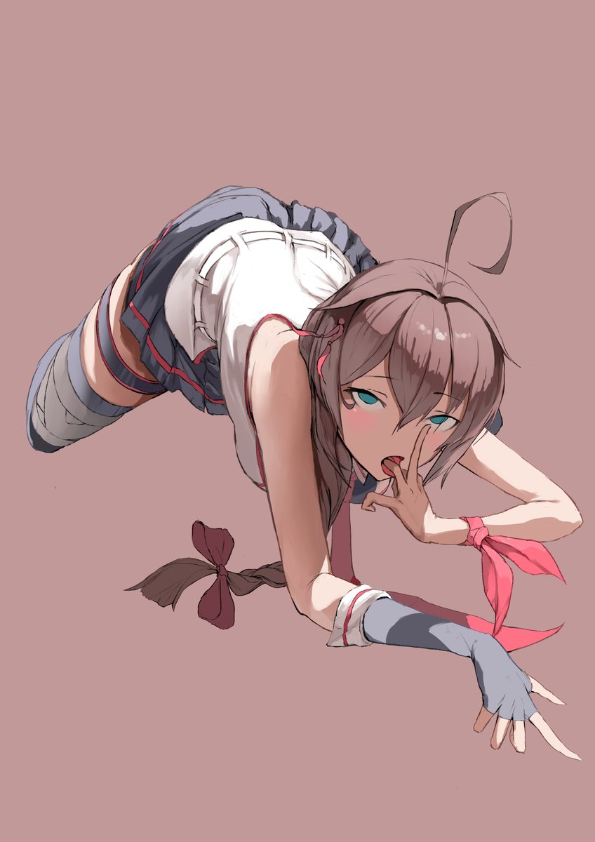 Safebooru - 1girl ahoge all fours black gloves black hair black shirt ...