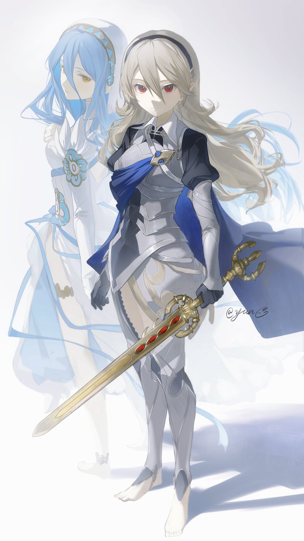 Safebooru - 2girls armor azura (fire emblem) barefoot black gloves blue ...