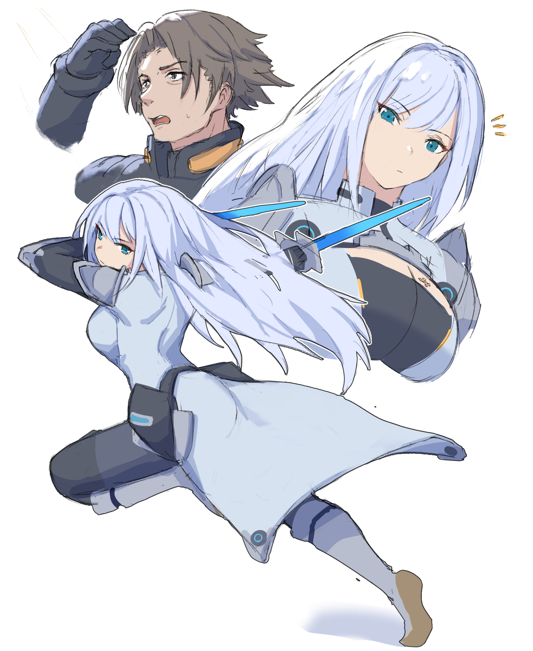 Safebooru 1boy 1girl Blue Eyes Bolearis Xenoblade Boots Breasts Coat Ethel Xenoblade Grey 0575