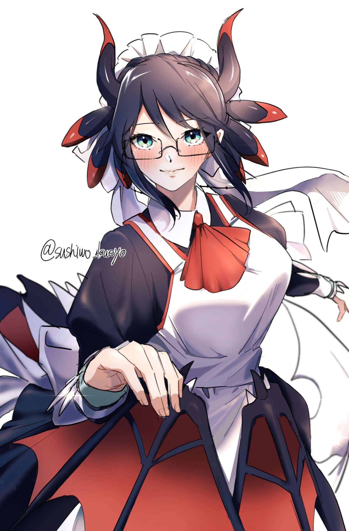 Safebooru - 1girl apron black dress black hair blue eyes blush breasts ...