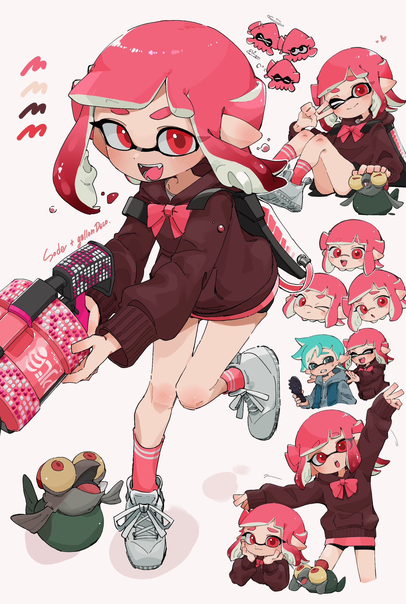 Pink Inkling Sitting Safebooru - .96 gal (splatoon) 1boy 1girl :d bike shorts blue eyes blue ...