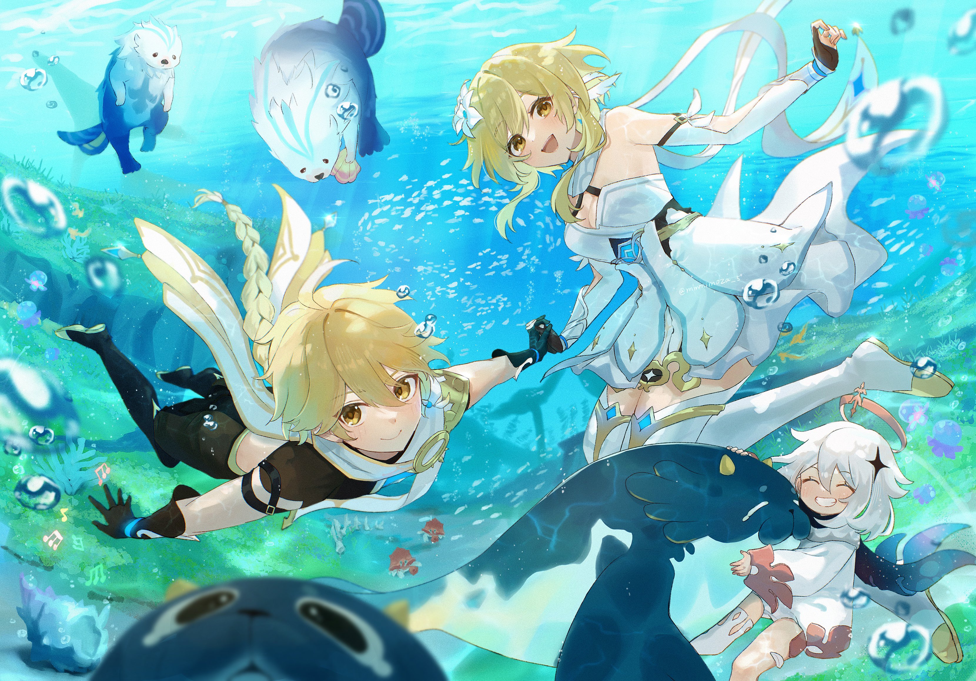 Safebooru - 1boy 2girls :d absurdres aether (genshin impact ...