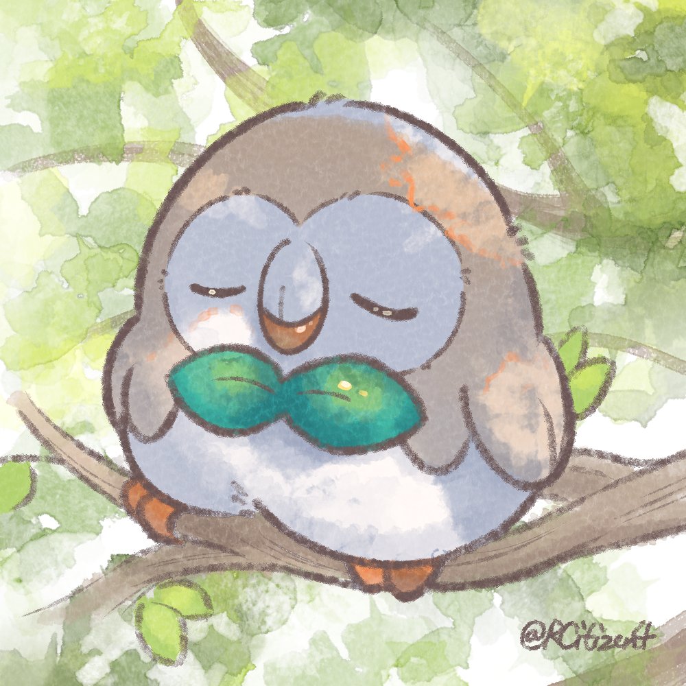 Rowlet Tree Safebooru - beak bird bow branch closed eyes dappled sunlight feathers ...