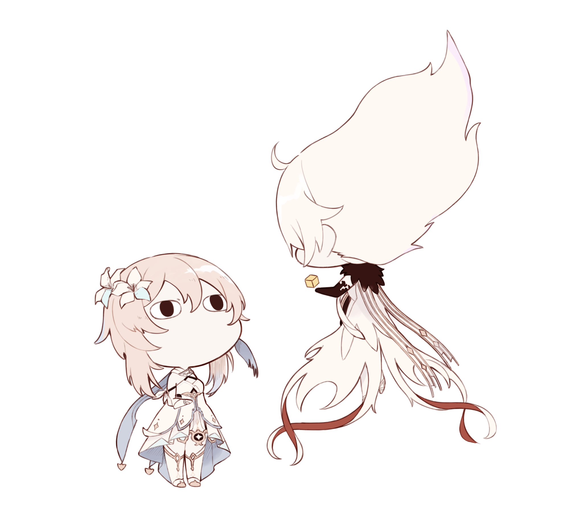 Safebooru - 2girls ahoge back blonde hair capelet chibi cube dress ...