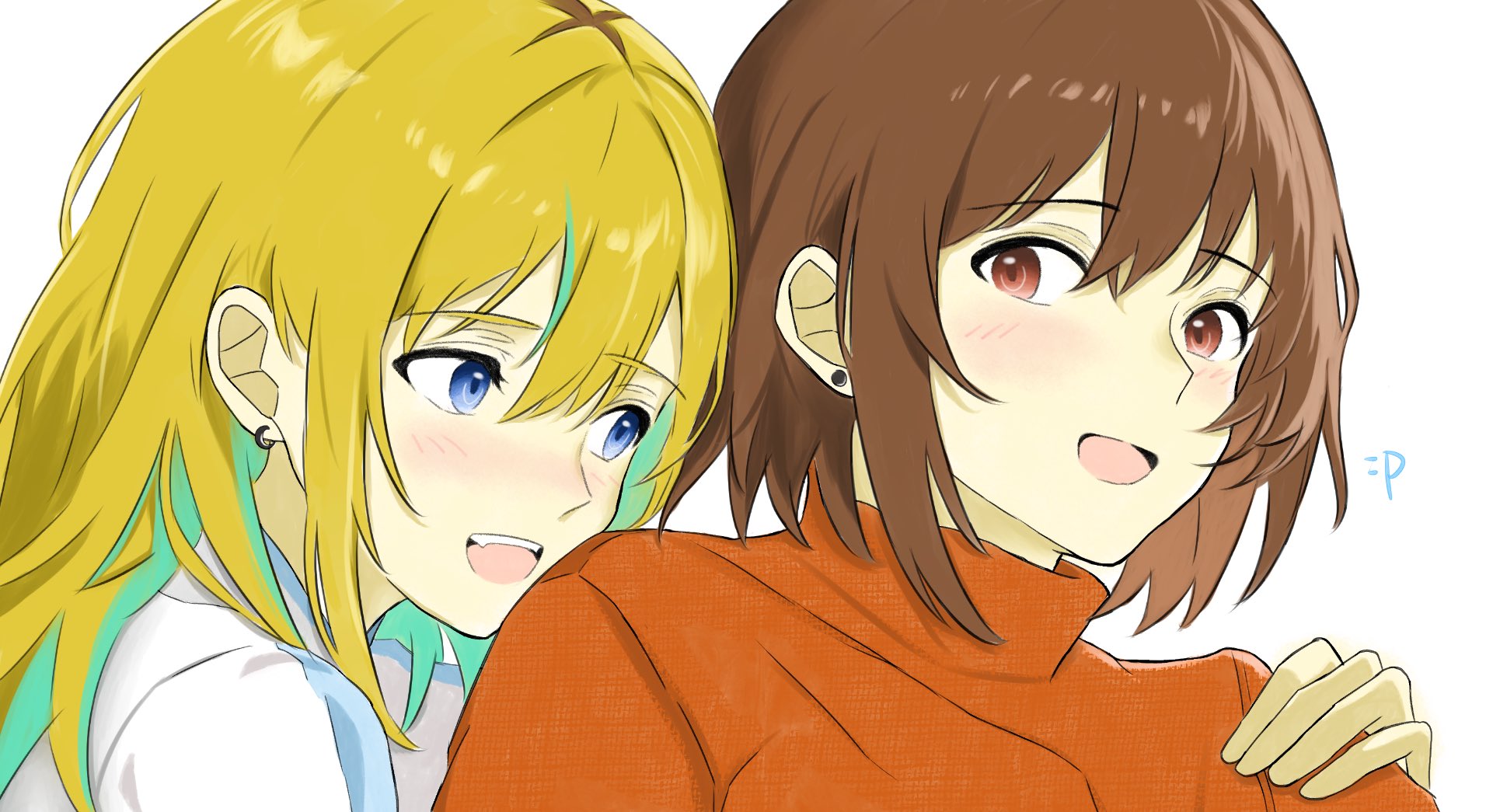 Safebooru 2girls blonde hair blue eyes blush bob cut brown hair