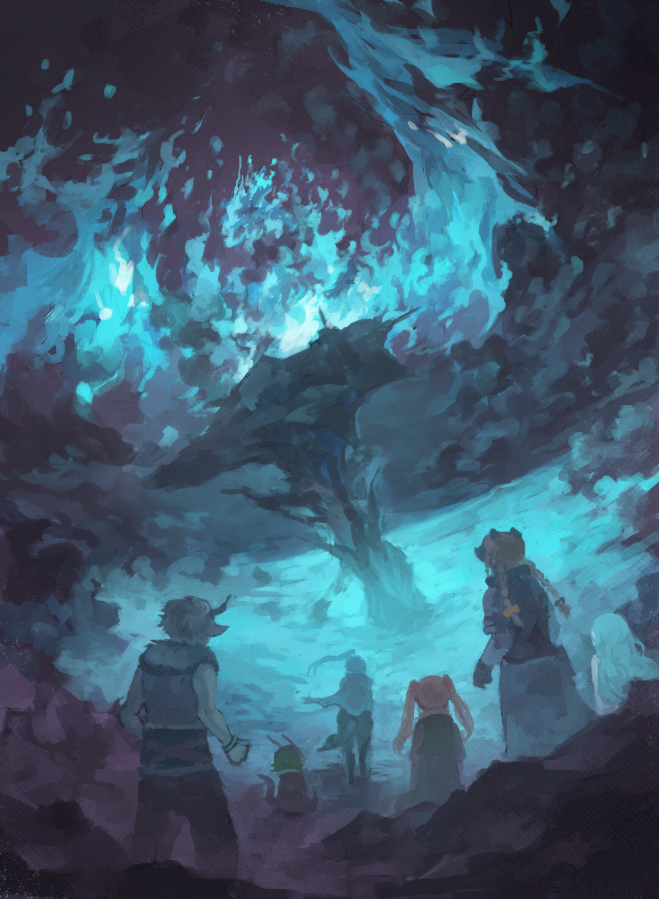 Safebooru 1boy 4girls blue fire braid brown hair commentary request