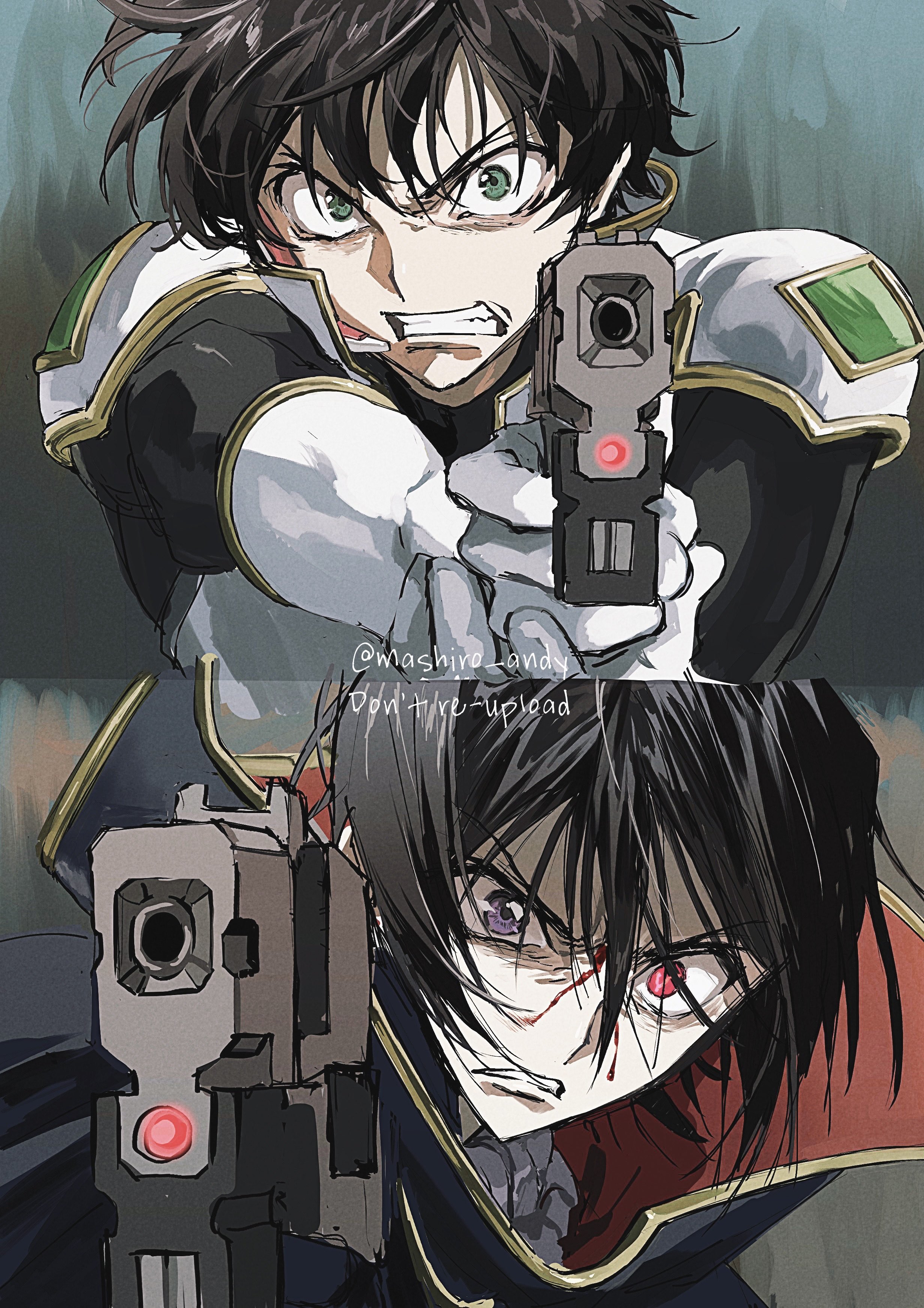 Safebooru - 2boys absurdres black cape black hair blood blood on face ...