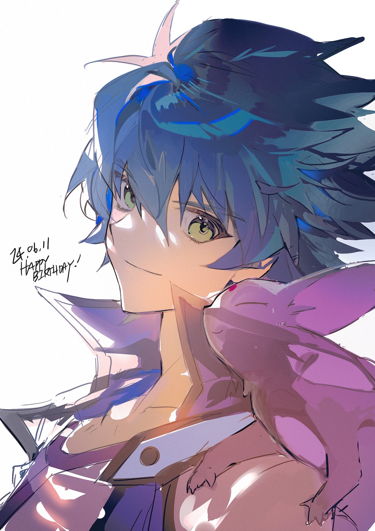 Safebooru - 1boy blue hair cocaduel creature creature on shoulder ...