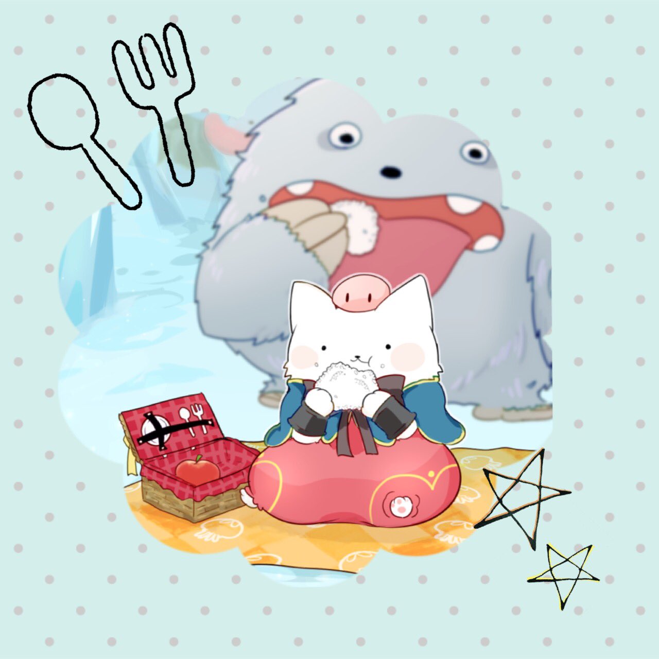 Poring Ragnarok Eating Safebooru - 1girl :3 :t animal ears apple barefoot blue background blue ...