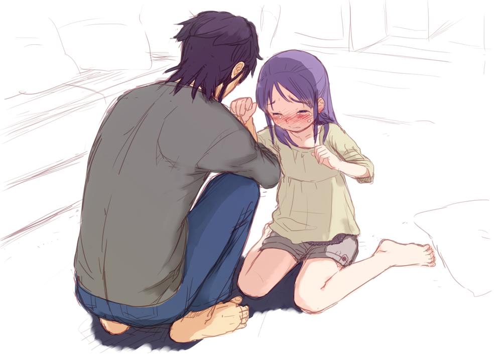 barefoot blush closed_eyes family father_and_daughter feet higebu holding_h...