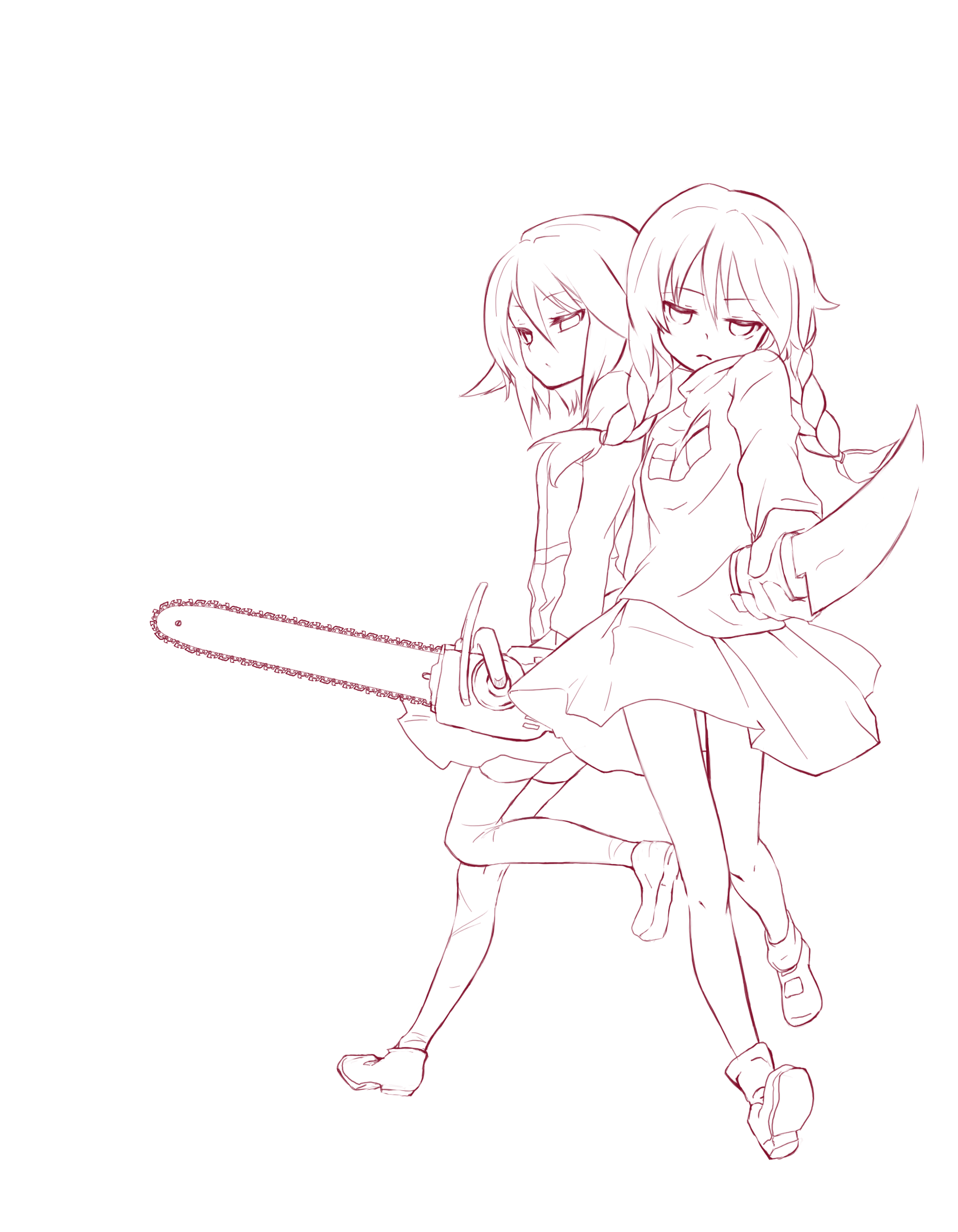 Safebooru chainsaw highres knife madotsuki monochrome multiple girls