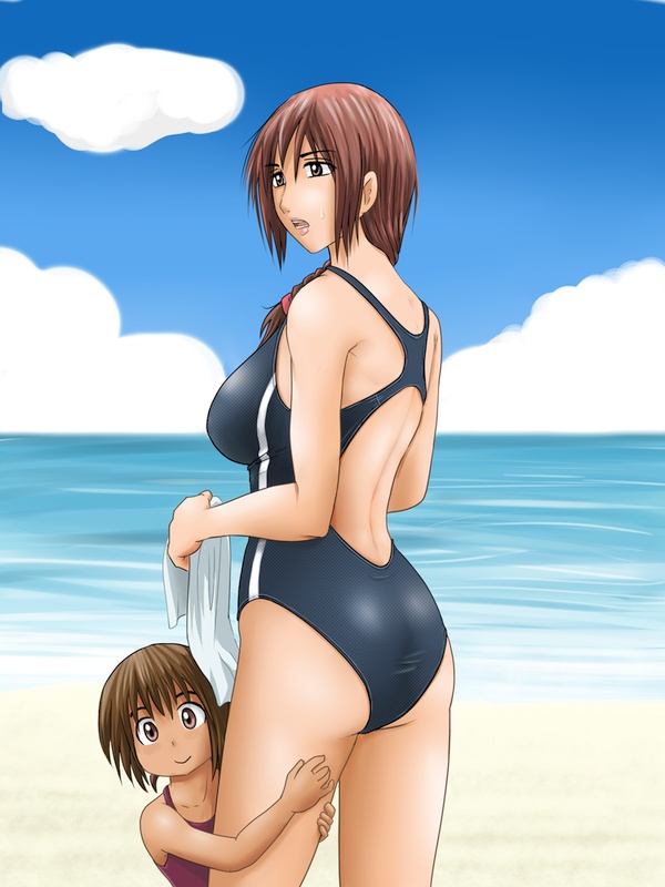 age_difference ass beach braid breasts brown_eyes brown_hair child competit...