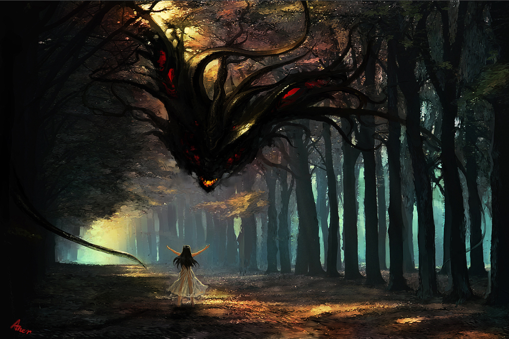aner(artist) aner(qqan00) black_hair dress female forest glowing long_hair....