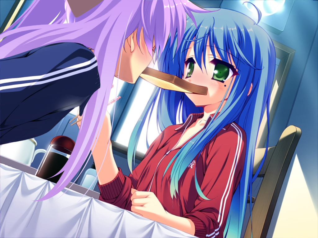 2girls blush eating hiiragi_kagami izumi_konata long_hair lucky_star mouth_...
