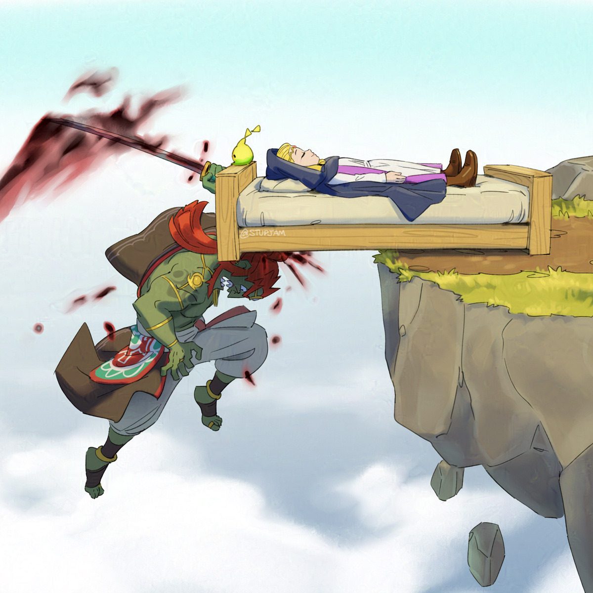 Safebooru - 1boy 1girl 1other aura bed blonde hair cloak clouds ...