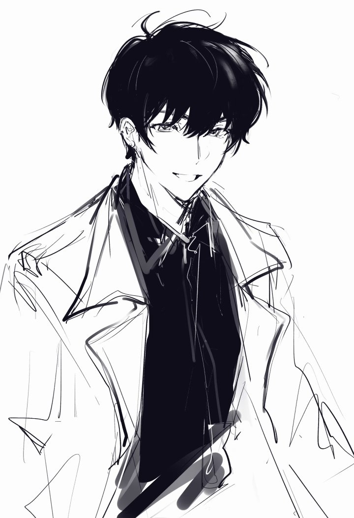 Safebooru - 1boy :d coat collared shirt cowboy shot greyscale grin kim ...