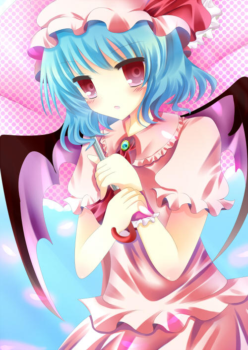 Safebooru Bat Wings Blue Hair Blush Fang Hat Hat Ribbon Parasol Red Eyes Remilia Scarlet