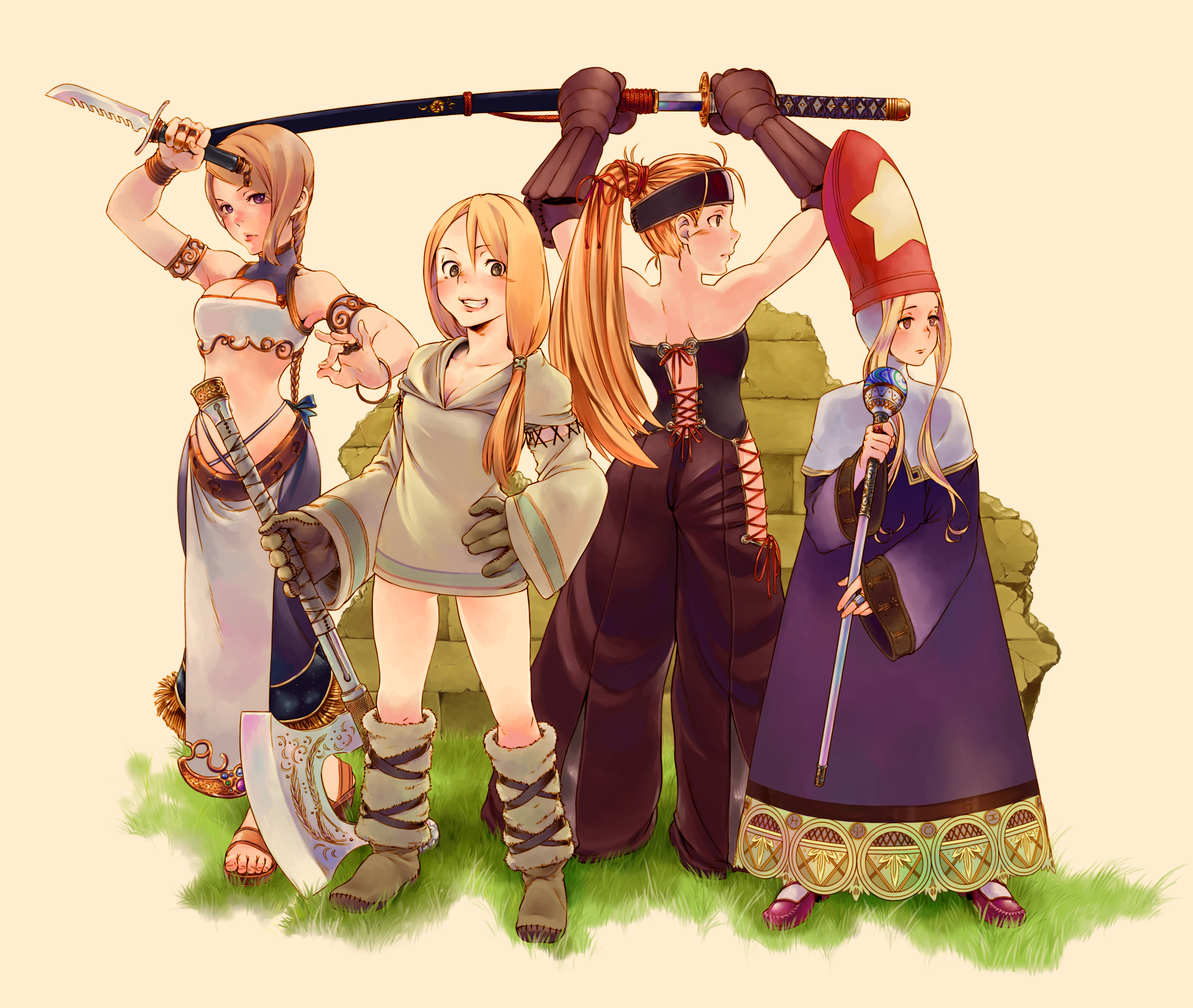 Safebooru - axe blonde hair bracelet braid breasts cleavage dagger ...