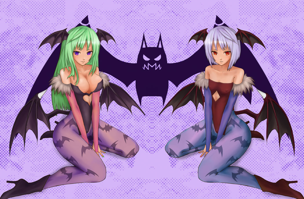 bat_wings breasts capcom cleavage demon_girl elbow_gloves flat_chest gloves...