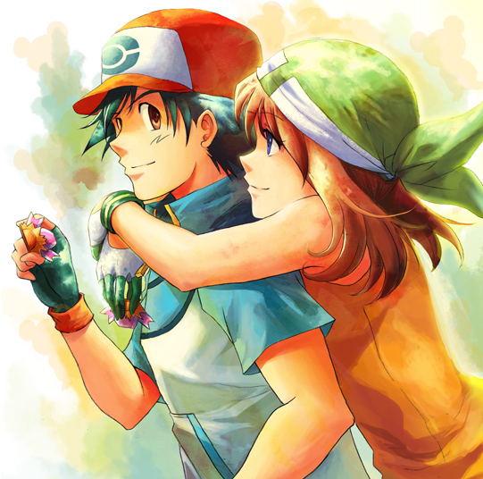 couple haruka(pokemon) hug hugging pokemon pokemon(anime) ribbon satoshi(po...