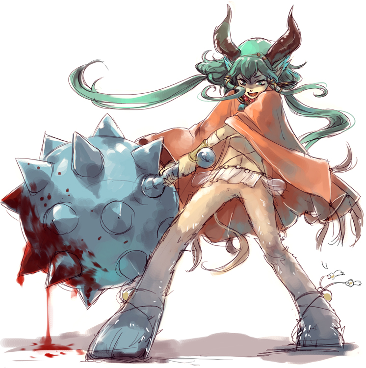 blood cloak fighting_stance hooves horns huge_weapon long_hair mace monster...