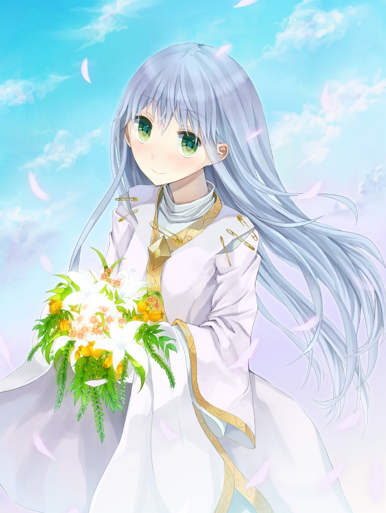 Safebooru Blue Hair Bouquet Flower Green Eyes Index Long Hair Robe