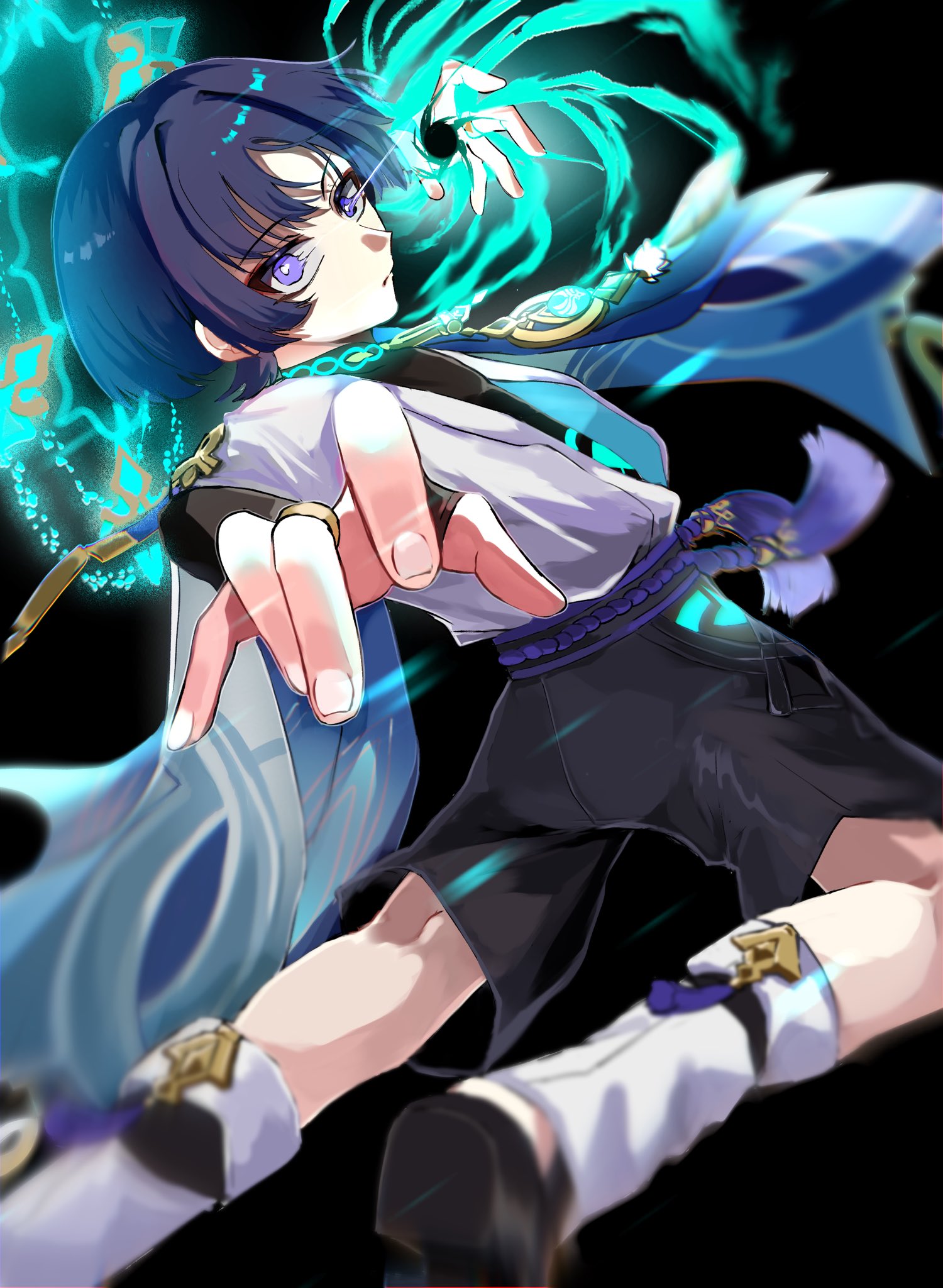 Fafa Back Safebooru - 1boy anemo symbol (genshin impact) aqua halo arched back ...
