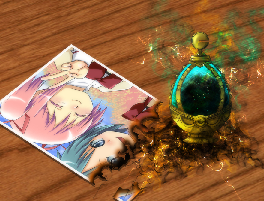 ...(object) pink_hair short_hair soul_gem spoilers still_life table v.