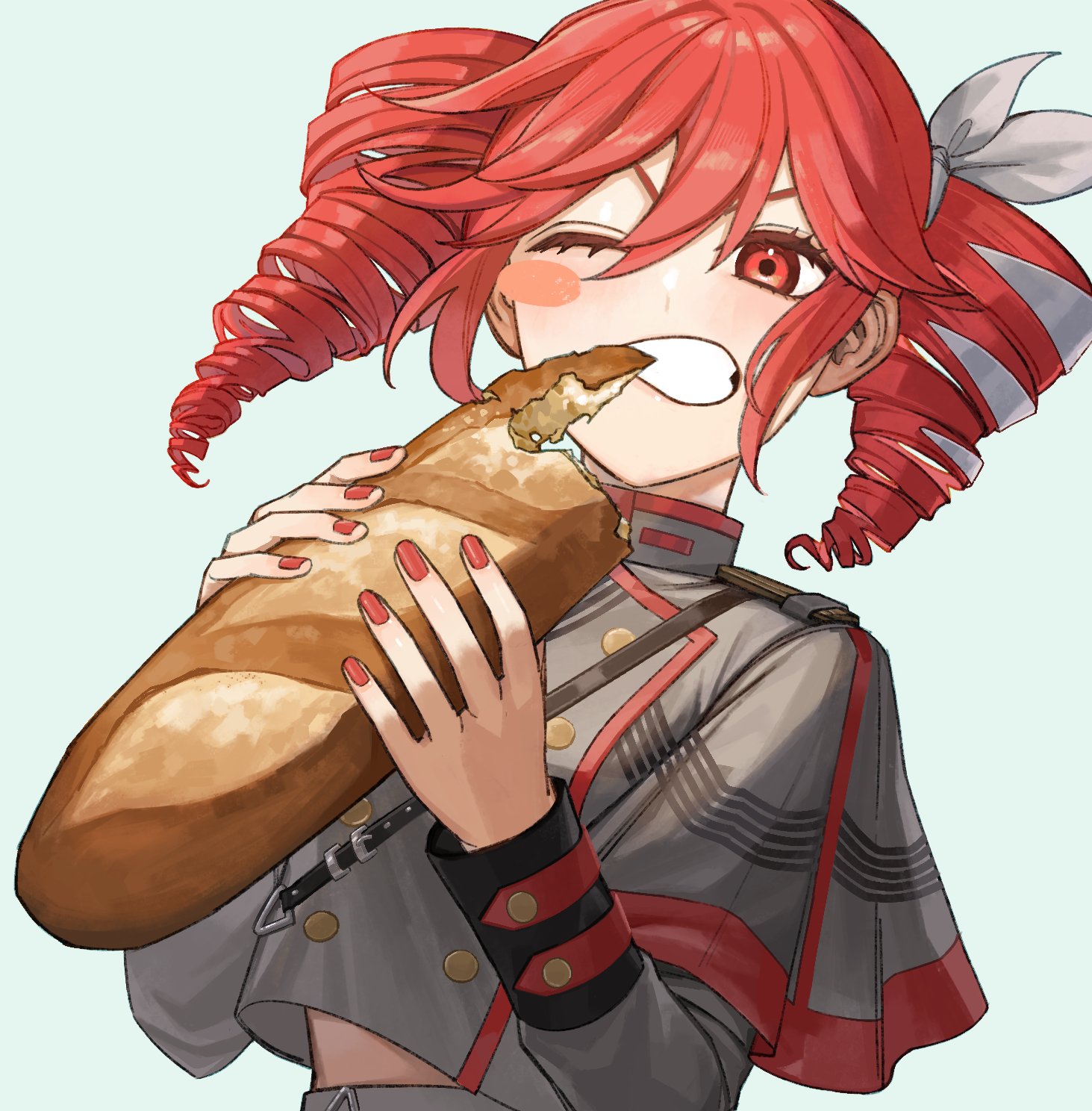 Safebooru - 1girl baguette biting bread buttons clenched teeth drill ...