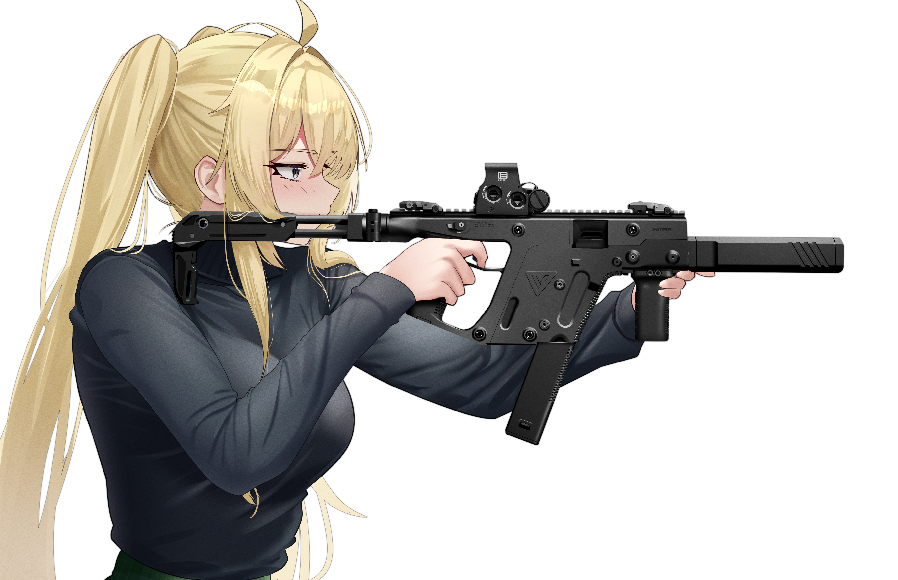 Safebooru - 1girl absurdres ahoge aiming black sweater blonde hair ...