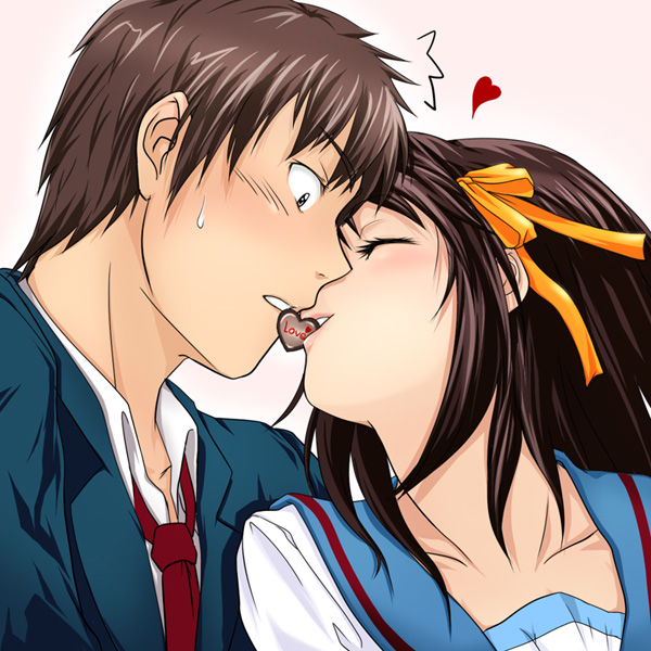 chocolate heart kiss kissing kyon osuzu_akiomi seifuku short_hair suzumiya_haruhi...