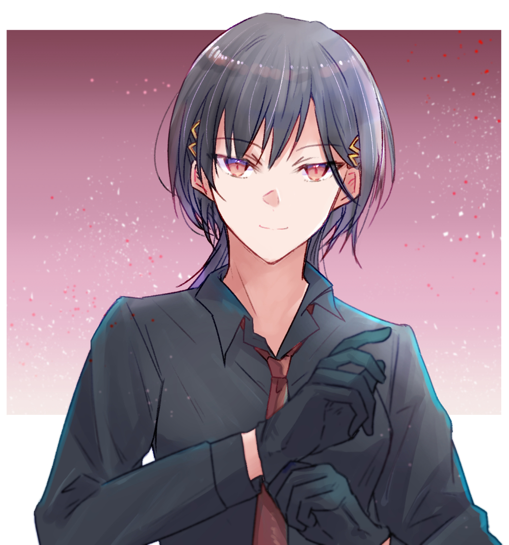 Safebooru - 1girl black gloves black shirt border closed mouth collared ...