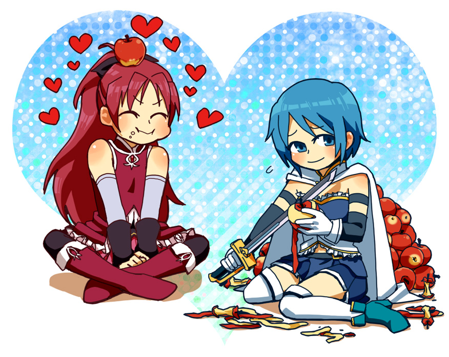 ...blue_hair cape closed_eyes eating eyes_closed food fruit gloves heart lo...