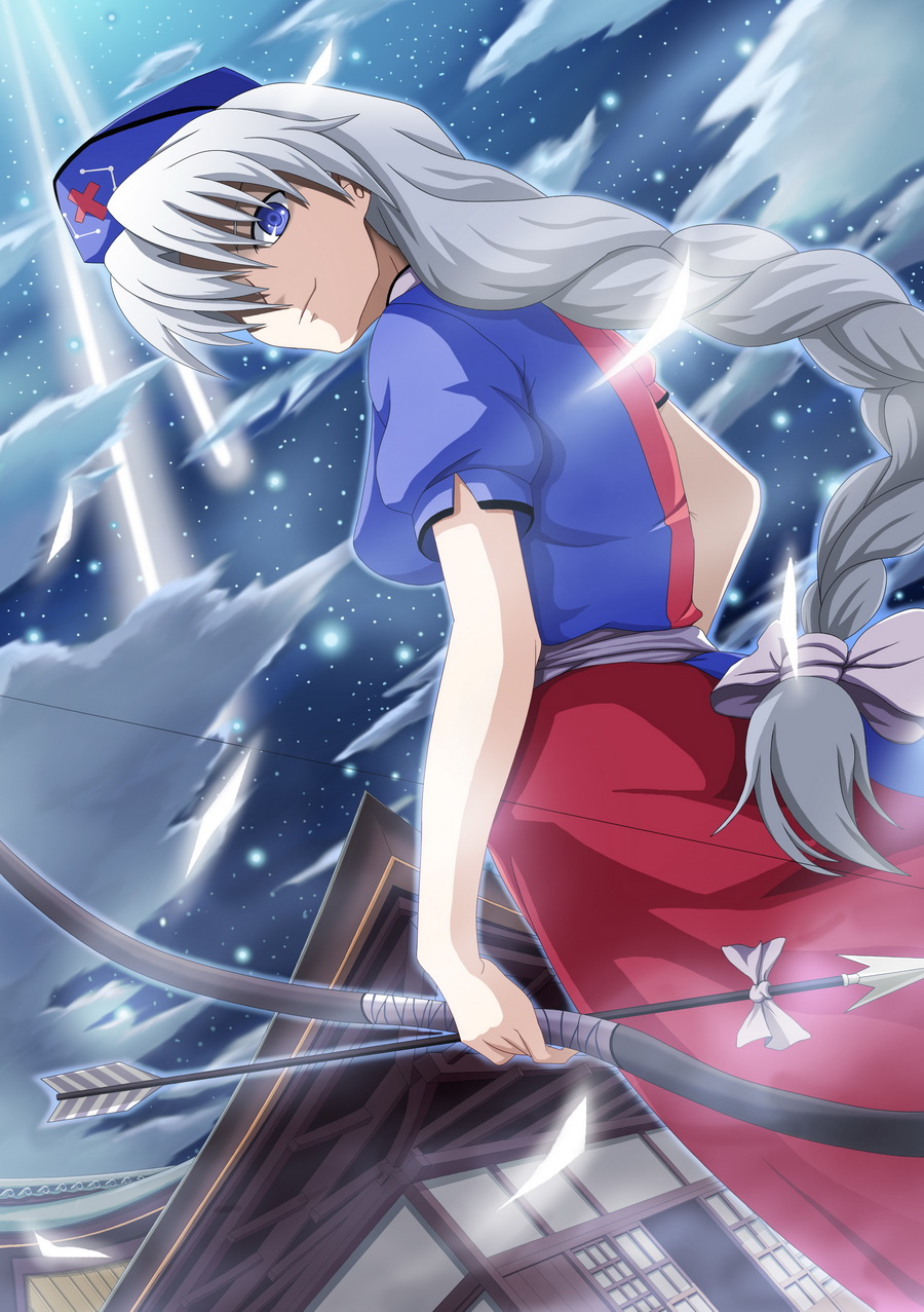 Safebooru Arrow Blue Eyes Bow Bow Weapon Braid Dress From Below Grey Hair Hair Over One Eye 