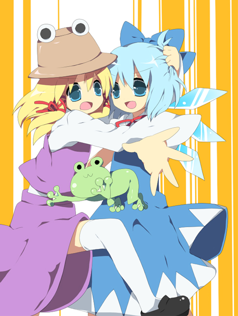 Safebooru 2girls Blonde Hair Blue Eyes Blue Hair Cirno Frog Hat Moriya Suwako Multiple Girls 