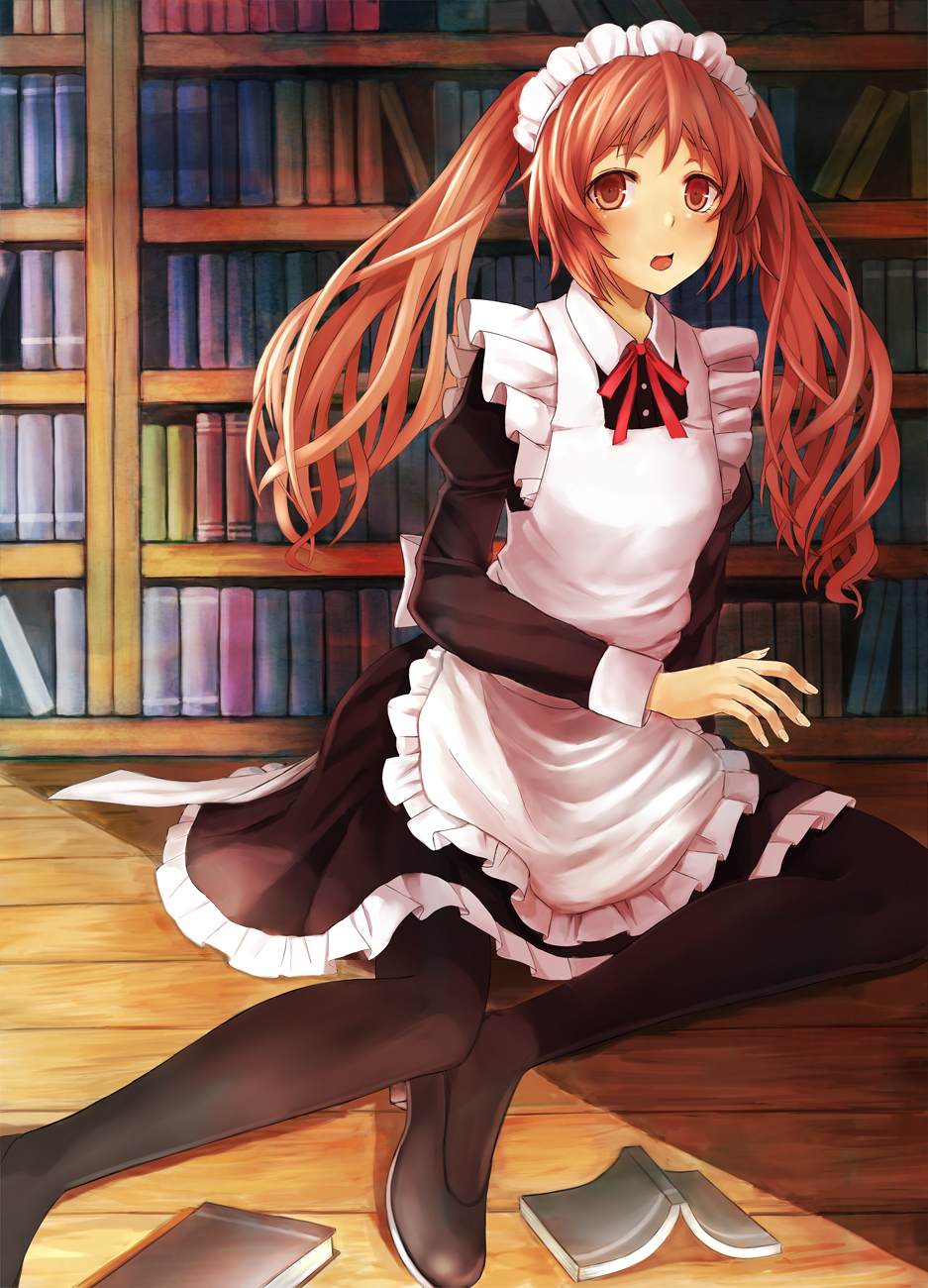 Safebooru 1girl 501092 Taka Black Legwear Blush Book Bookshelf Highres Long Hair Maid Maid